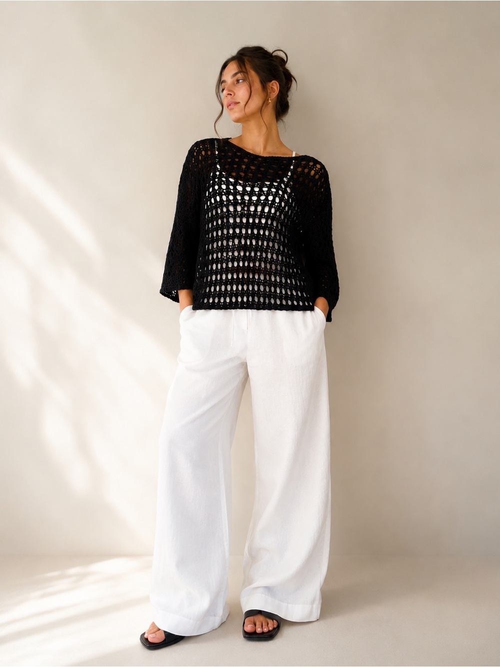 Hand Knitted Black Open-Knit Silk, Bamboo and cashmere Sweater size medium
